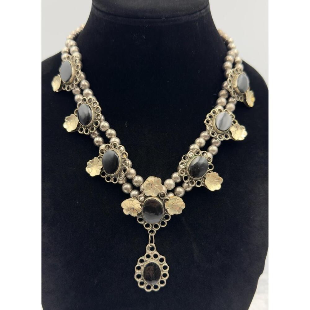Silver Tone Flower Beaded Black Glass Artisan Boho Necklace Southwestern 19”